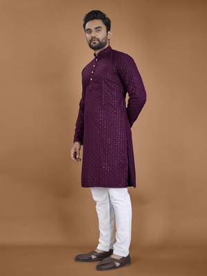 Purple chikankari rayon straight kurta for men 3