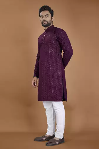 Purple chikankari rayon straight kurta for men