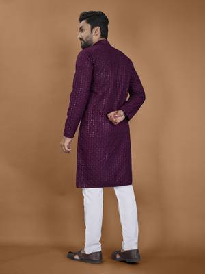 Purple chikankari rayon straight kurta for men 4