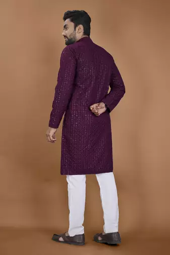 Purple chikankari rayon straight kurta for men