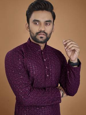 Purple chikankari rayon straight kurta for men 5