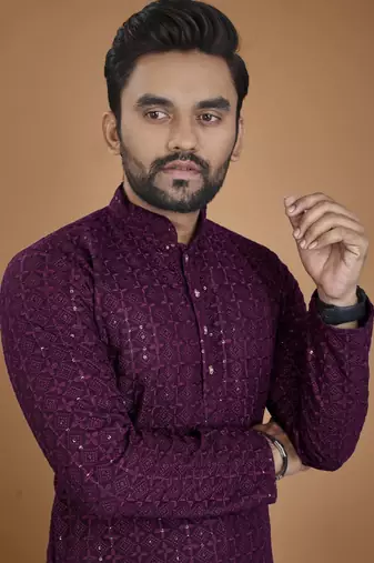 Purple chikankari rayon straight kurta for men