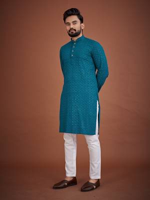 Teal chikankari rayon straight kurta for men 1