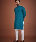 Teal chikankari rayon straight kurta for men