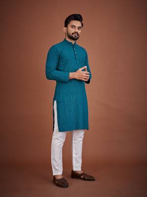 Teal chikankari rayon straight kurta for men 2