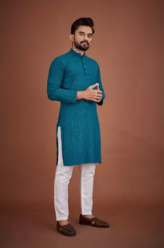 Teal chikankari rayon straight kurta for men