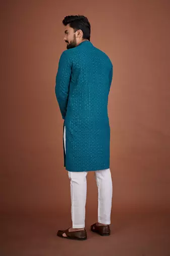 Teal chikankari rayon straight kurta for men