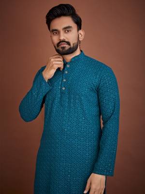 Teal chikankari rayon straight kurta for men 4