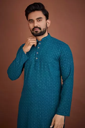 Teal chikankari rayon straight kurta for men