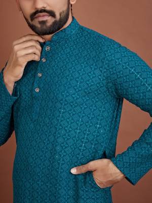 Teal chikankari rayon straight kurta for men 5