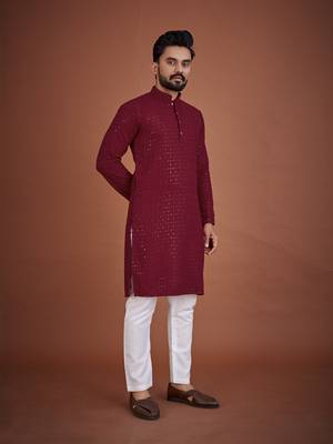 Maroon chikankari rayon straight kurta for men 1