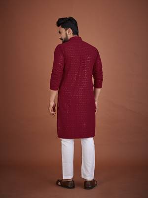 Maroon chikankari rayon straight kurta for men 2