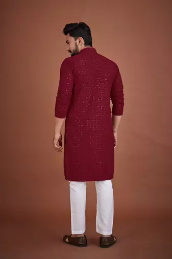 Maroon chikankari rayon straight kurta for men