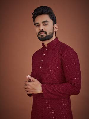 Maroon chikankari rayon straight kurta for men 3