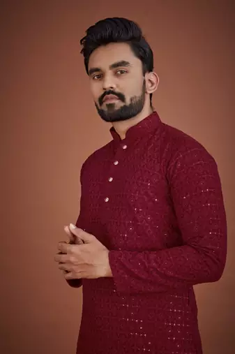 Maroon chikankari rayon straight kurta for men