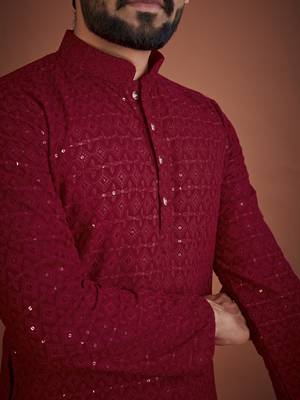Maroon chikankari rayon straight kurta for men 4