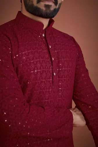 Maroon chikankari rayon straight kurta for men
