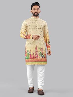 Yellow poly rayon crochet floral printed kurta for men 1