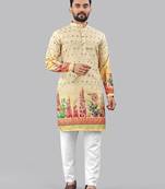 Yellow poly rayon crochet floral printed kurta for men