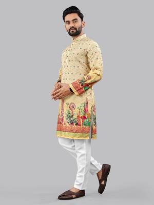Yellow poly rayon crochet floral printed kurta for men 2