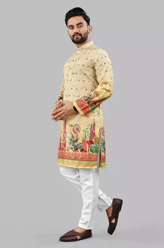 Yellow poly rayon crochet floral printed kurta for men
