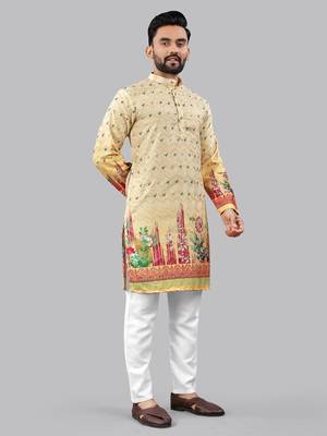 Yellow poly rayon crochet floral printed kurta for men 3
