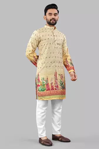Yellow poly rayon crochet floral printed kurta for men