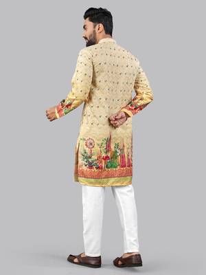 Yellow poly rayon crochet floral printed kurta for men 4