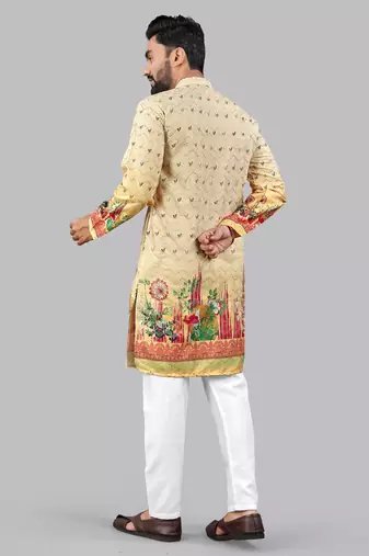 Yellow poly rayon crochet floral printed kurta for men