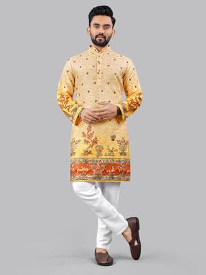 Orange rayon crochet printed kurta for men 1