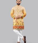 Orange rayon crochet printed kurta for men