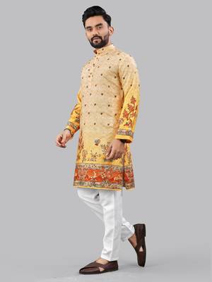 Orange rayon crochet printed kurta for men 2