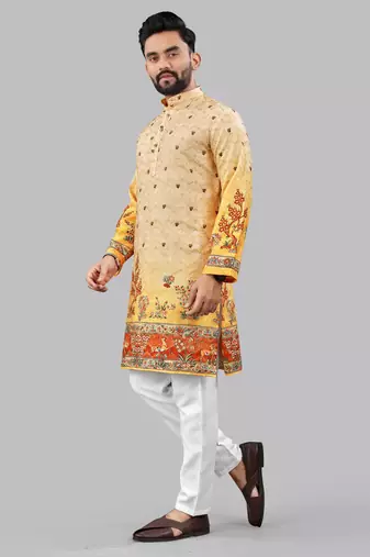 Orange rayon crochet printed kurta for men