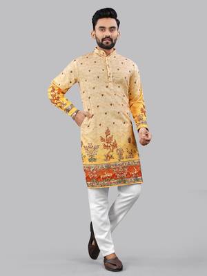 Orange rayon crochet printed kurta for men 3
