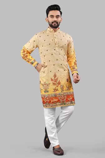 Orange rayon crochet printed kurta for men