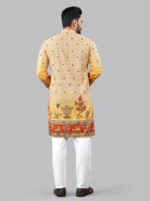 Orange rayon crochet printed kurta for men 4