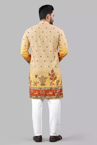 Orange rayon crochet printed kurta for men