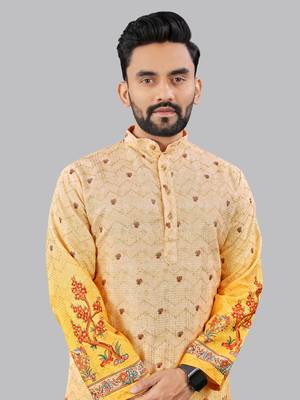 Orange rayon crochet printed kurta for men 5