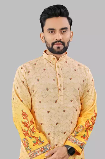 Orange rayon crochet printed kurta for men