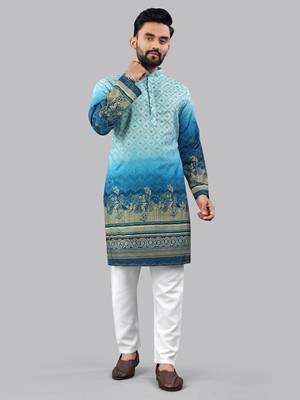 Blue rayon crochet printed kurta for men 1