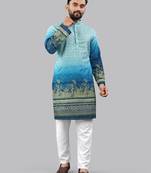 Blue rayon crochet printed kurta for men