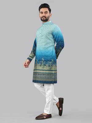 Blue rayon crochet printed kurta for men 2