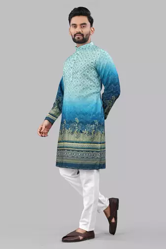 Blue rayon crochet printed kurta for men