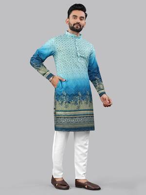 Blue rayon crochet printed kurta for men 3