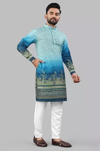 Blue rayon crochet printed kurta for men