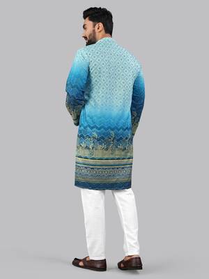 Blue rayon crochet printed kurta for men 4