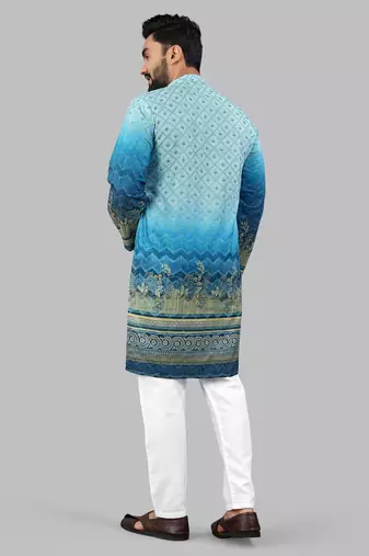 Blue rayon crochet printed kurta for men