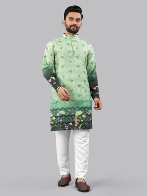 Green rayon crochet floral printed kurta for men 1