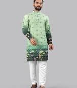 Green rayon crochet floral printed kurta for men