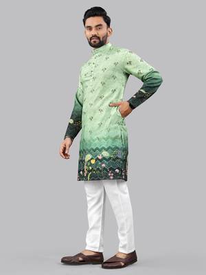 Green rayon crochet floral printed kurta for men 2